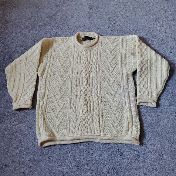 Irish Woolen Mills Sweater Mens Medium Beige Wool Cableknit Roll Neck Fisherman - Picture 3 of 11